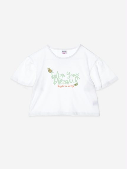 T.shirt manica corta Fields Of Flowers T.shirt girocollo in cotone elasticizzato con stampa frontale, maniche corte a palloncino.