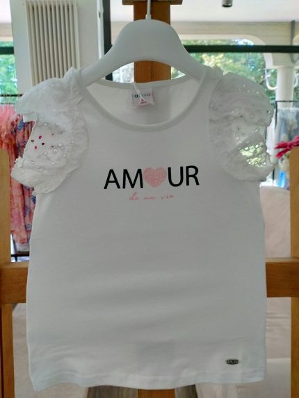 T.shirt manica corta La Vie En Rose T.shirt in cotone con maniche corte a volant in tessuto sangallo,