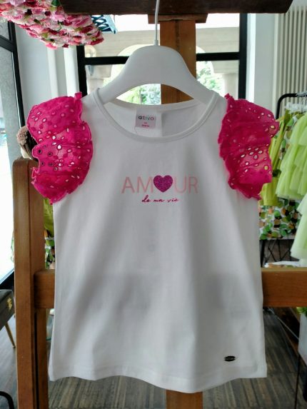 T.shirt manica corta La Vie En Rose T.shirt in cotone con maniche corte a volant in tessuto sangallo,