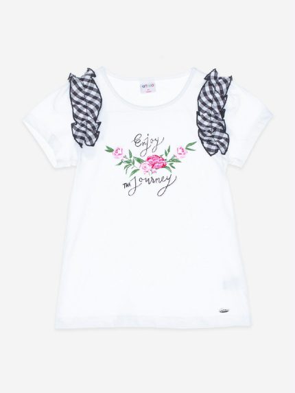 T.shirt manica corta La Vie EnRose T.shirt stampata in cotone elasticizzato, maniche corte con rouches in fantasia vichy all over sulle spalle.