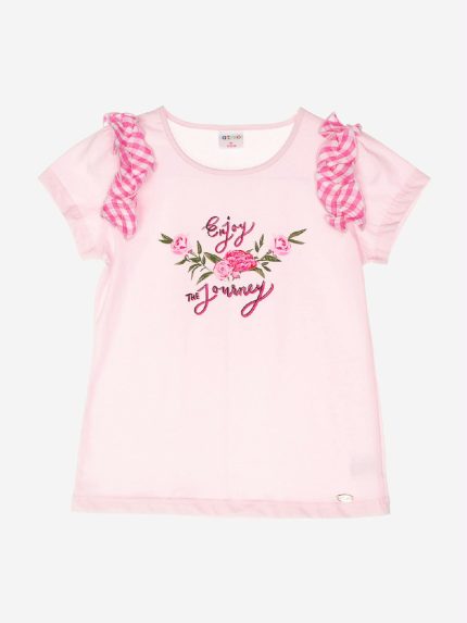 T.shirt manica corta La Vie EnRose T.shirt stampata in cotone elasticizzato, maniche corte con rouches in fantasia vichy all over sulle spalle.