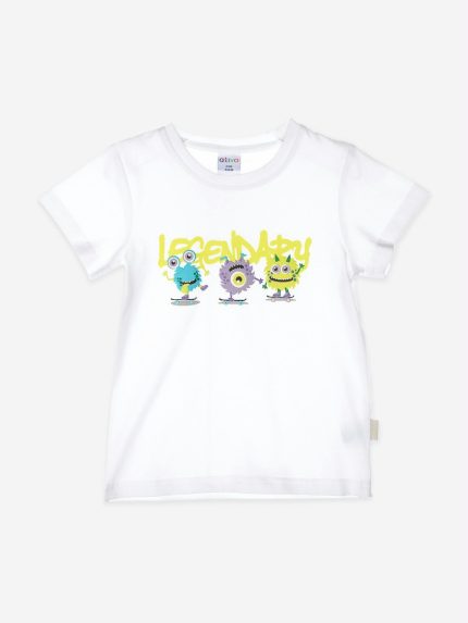 T.shirt manica corta T.shirt girocollo stampata in cotone stretch, maniche corte, scollo tondo, apertura con bottoncini sulla spalla fino alla taglia 18 mesi.