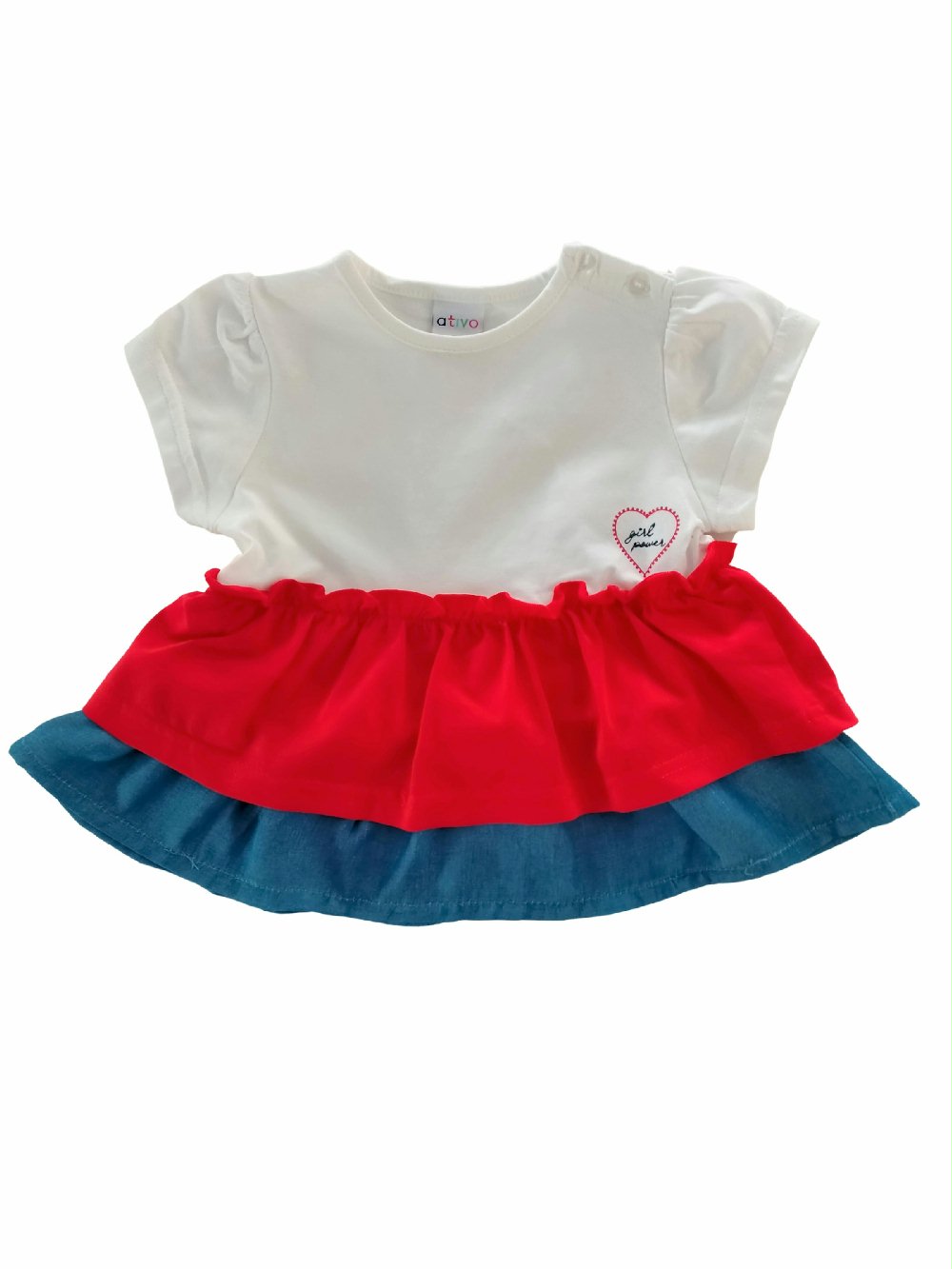 T.shirt manica corta Retro Summer C2049 00 T.shirt manica corta Retro Summer Maxi t.shirt color block a manica corta con effetto palloncino, scollo tondo, fondo con balze applicate con effetto sovrapposto, apertura con bottoncini applicati sulle spalle, motivo cuore sul corpino.