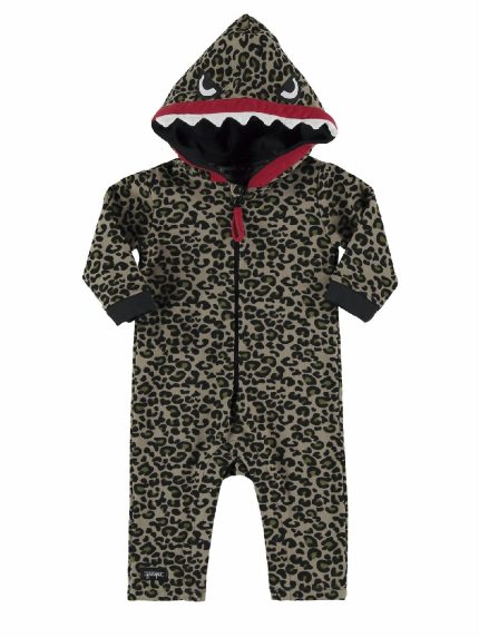 TUTINA C/CAPPUCCIO ANIMAL JUMP YPORQUÈ - Tutina neonato in cotone elasticizzato con cappuccio a decoro "animal". Fantasia leopardo, allacciatura zippata. Taglie da 3 mesi a 12 mesi.