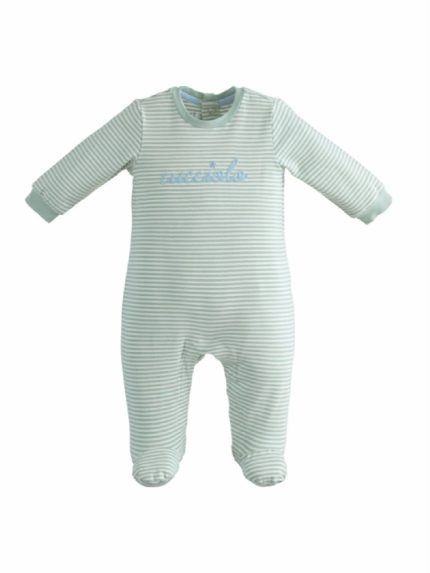 TUTINA INTERA CUCCIOLO MINIBANDA - Tutina intera con piedini in jersey di cotone fantasia rigata, ricamo CUCCIOLO.