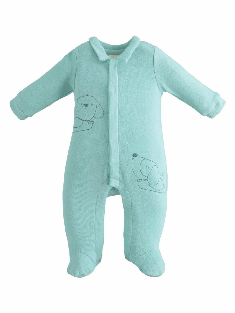 Tutina neonato con piedini 3.5672 00 Tutina neonato con piedini Tutina intera per neonato realizzata in felpa effetto tricot con ricamo cagnolini e apertura davanti con bottoni snap.