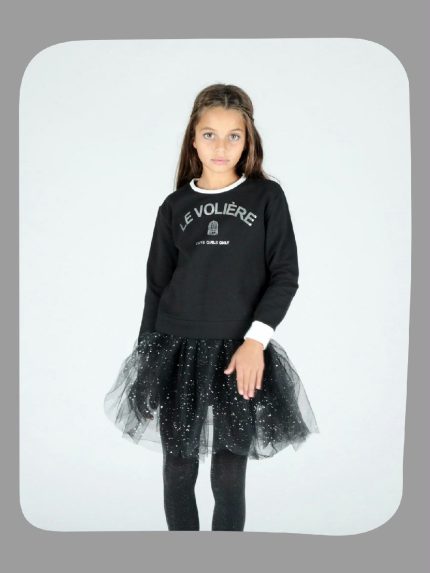 VESTITO IN TULLE CON FELPA LE VOLIERE - Completo: abito con gonna in tulle spruzzato argento + felpa logata girocollo con polso in maglia a contrasto.