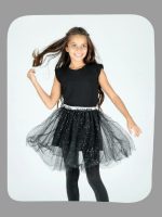 VESTITO IN TULLE CON FELPA LE VOLIERE - Completo: abito con gonna in tulle spruzzato argento + felpa logata girocollo con polso in maglia a contrasto.