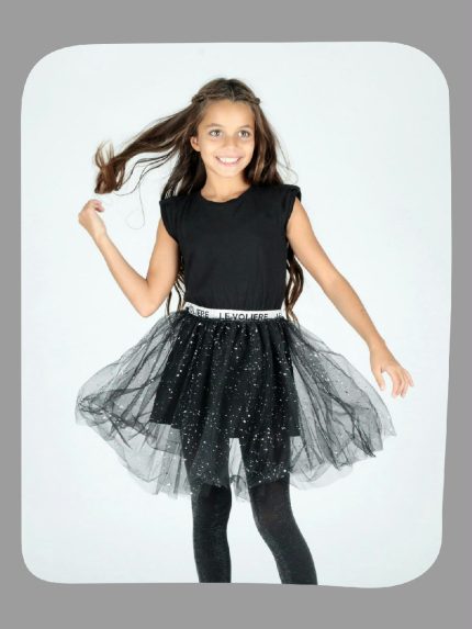 VESTITO IN TULLE CON FELPA LE VOLIERE - Completo: abito con gonna in tulle spruzzato argento + felpa logata girocollo con polso in maglia a contrasto.